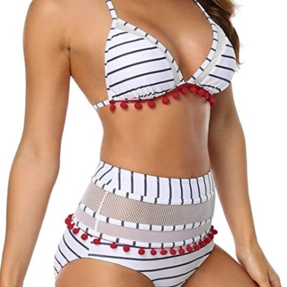 POM POM TASSEL HIGH WAIST TWO PIECE BIKINI NAVY STRIPES - Picture 1 of 11